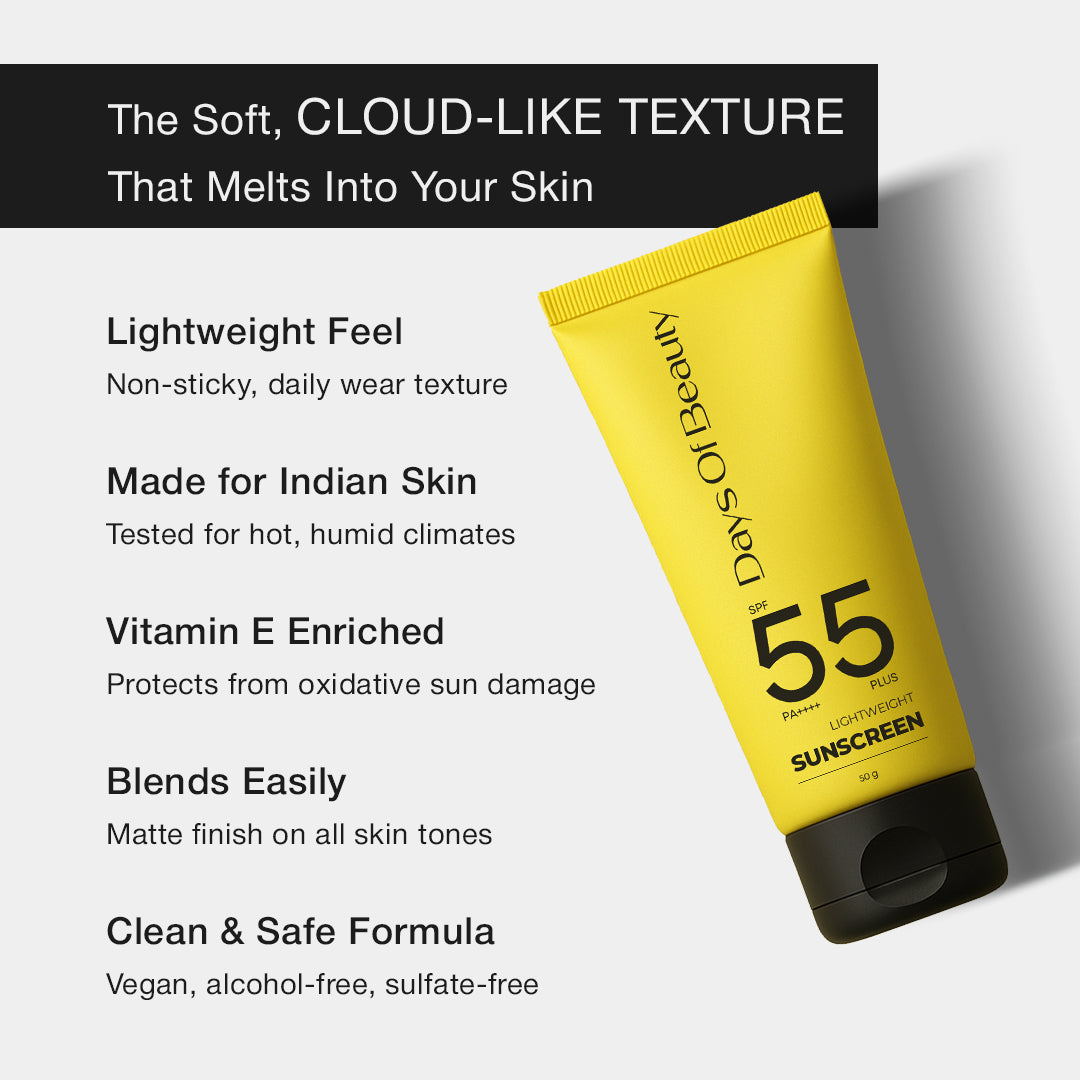 Lightweight sunscreen cream texture blending into Indian skin with zero white cast